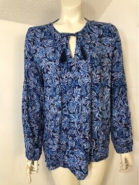 Stella Parker New Womens Large Popover Top Long Sleeves Blue Floral Pleated